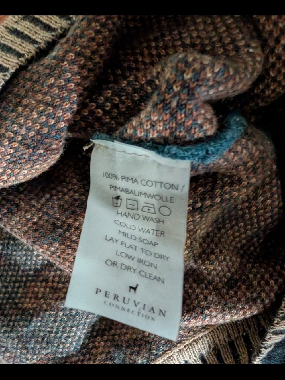 Peruvian Connection Teal and Rust Patterned V-Neck Sweater - Picture 7 of 7